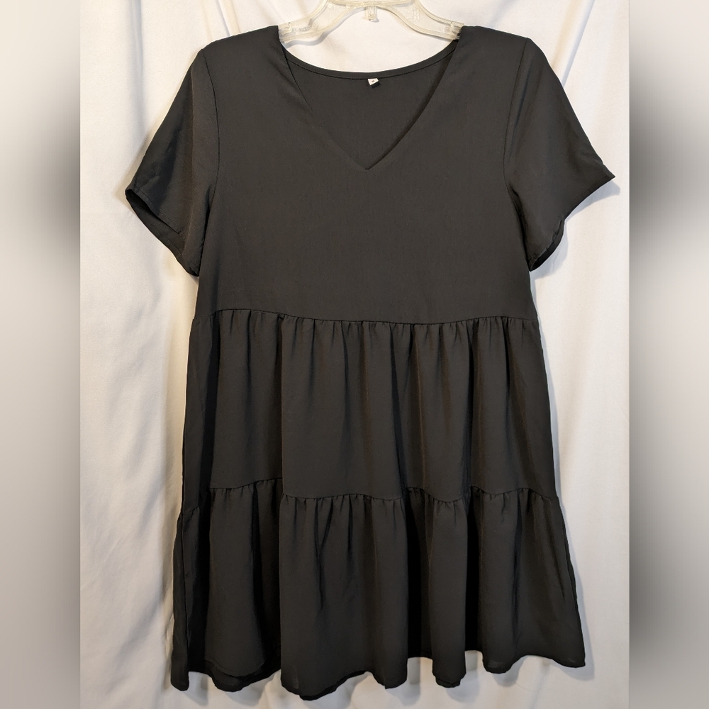 Women's Short Sleeve Tiered Cute Black Mini Dress Size S
